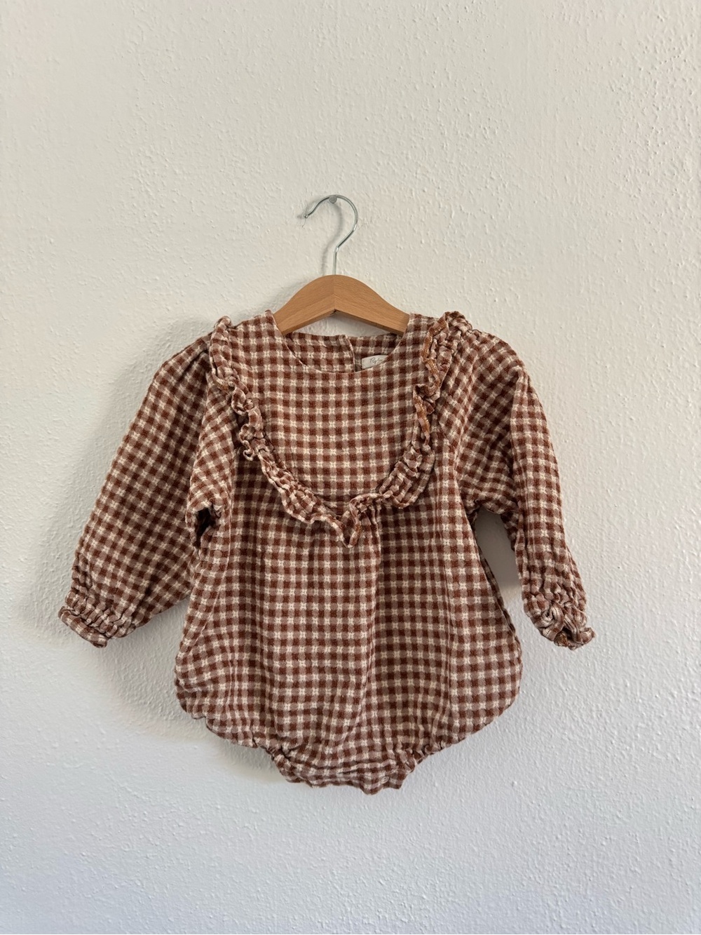 Rylee & Cru Gingham Ruffle Baby Romper in Brown and Cream